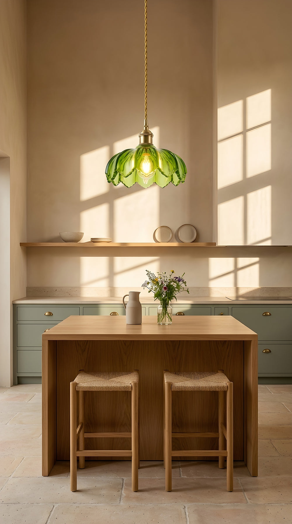 Suspension fleur en verre vert et laiton au-dessus d'un îlot en chêne, cuisine champêtre