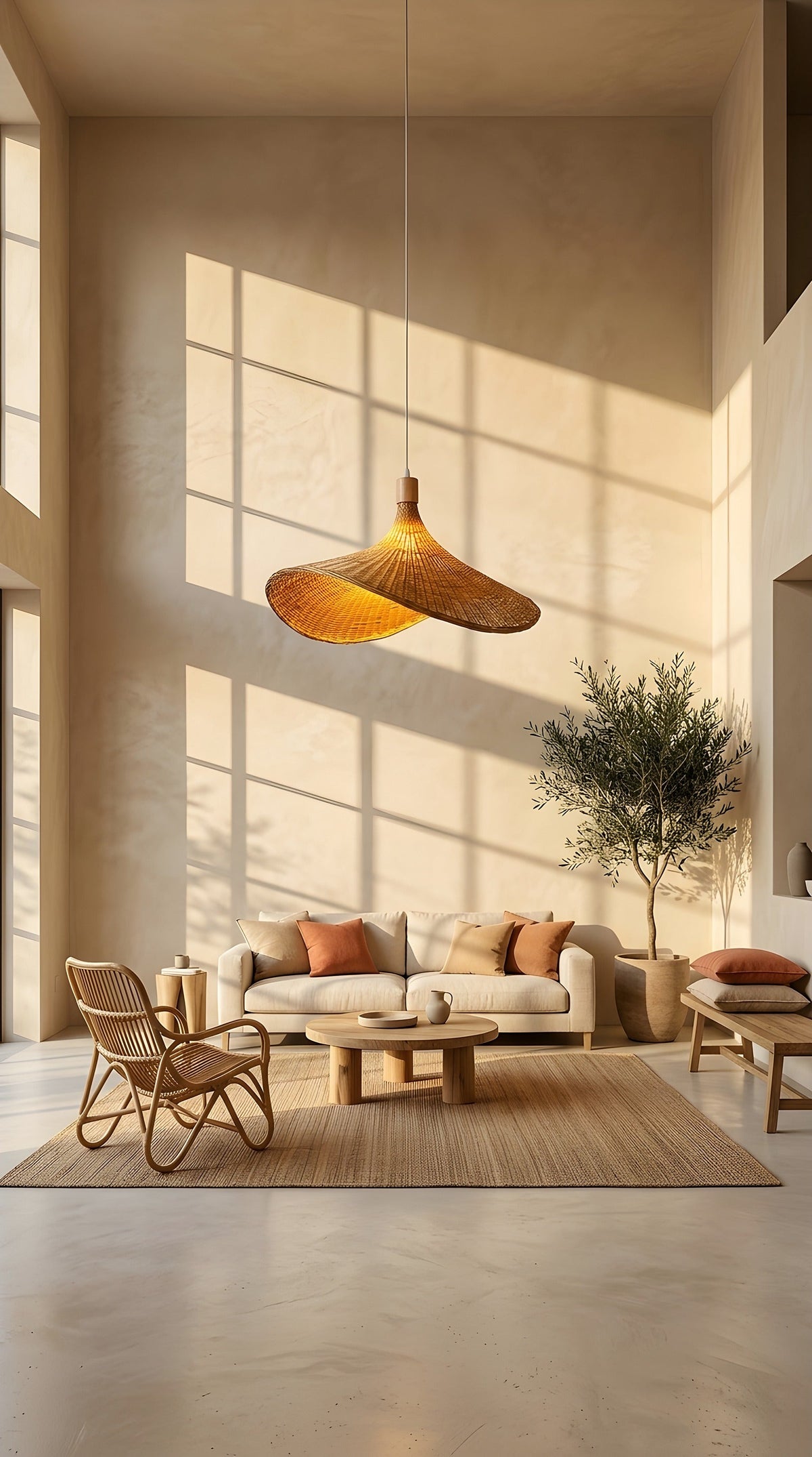 Suspension chapeau en bambou dans un salon bohème baigné de soleil