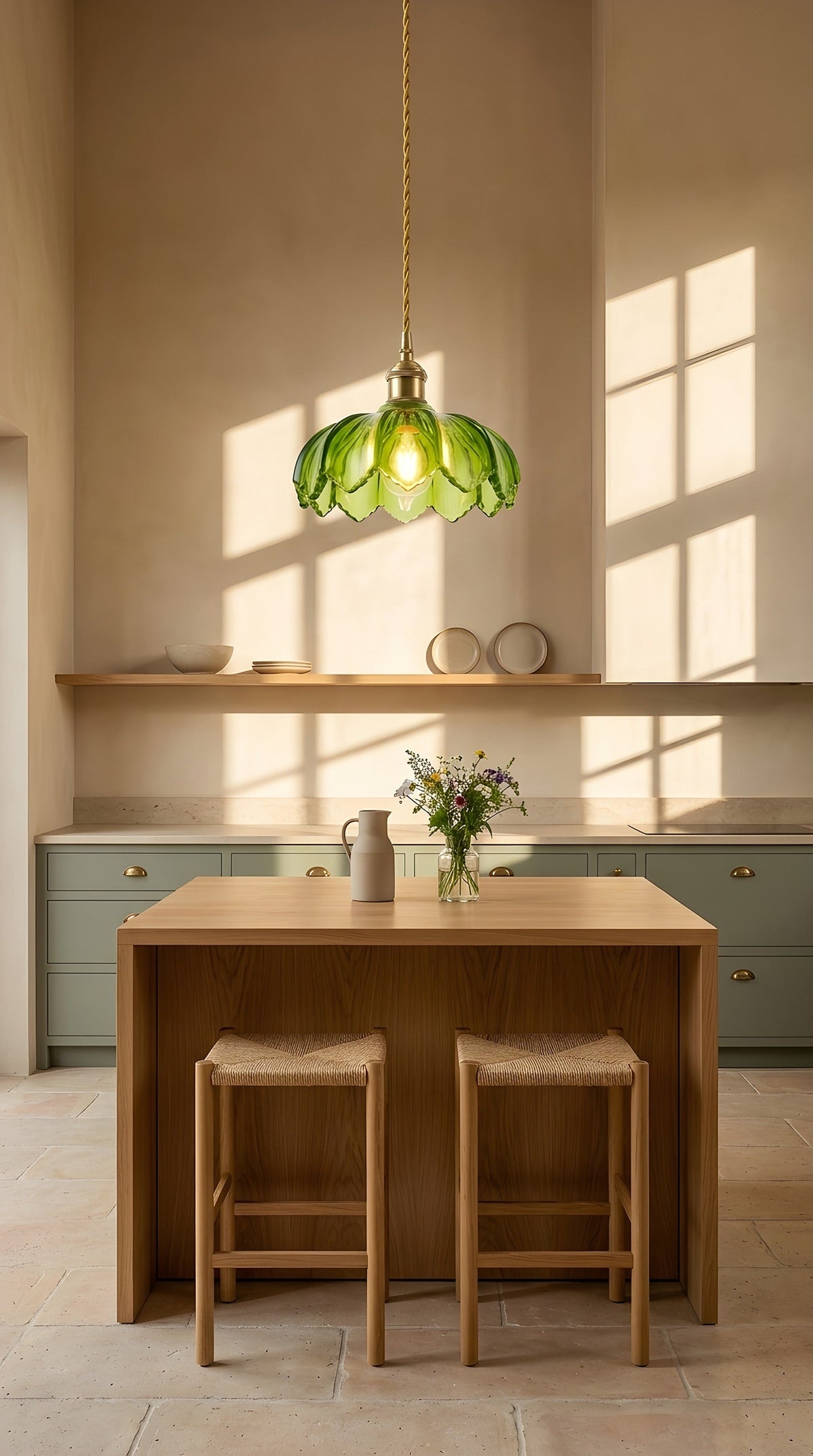 Suspension fleur en verre vert au-dessus d'un îlot en chêne