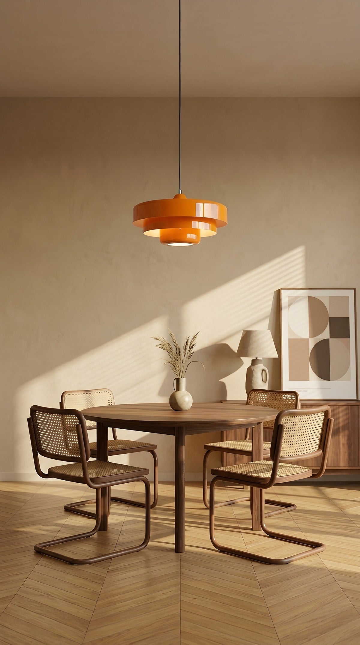 Suspension rétro orange au-dessus d'une table ronde en noyer